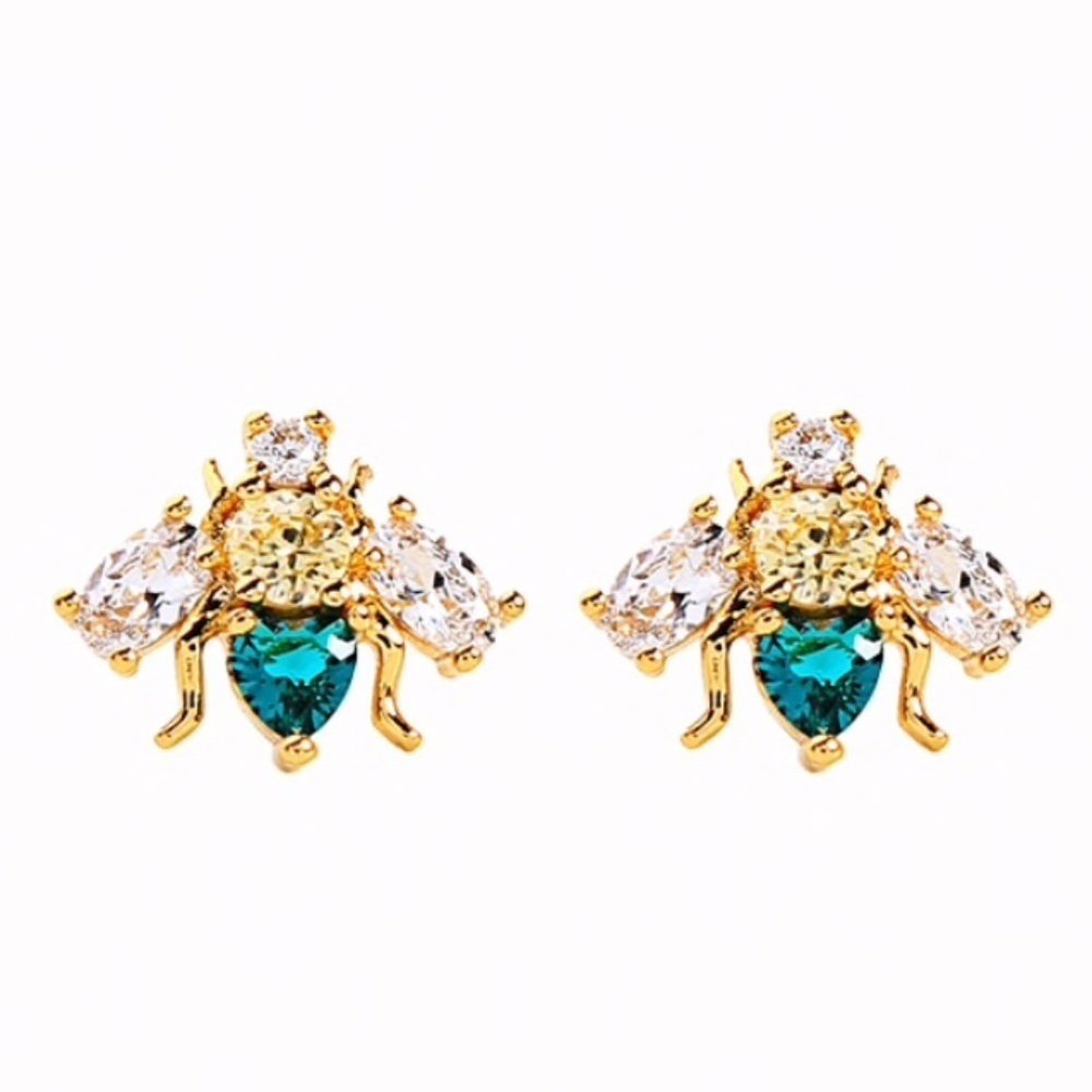 Yellow Green CZ Bee Stud Earrings